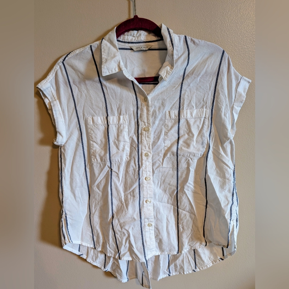 Lucky Brand White and Navy Striped Shirt With Open Back